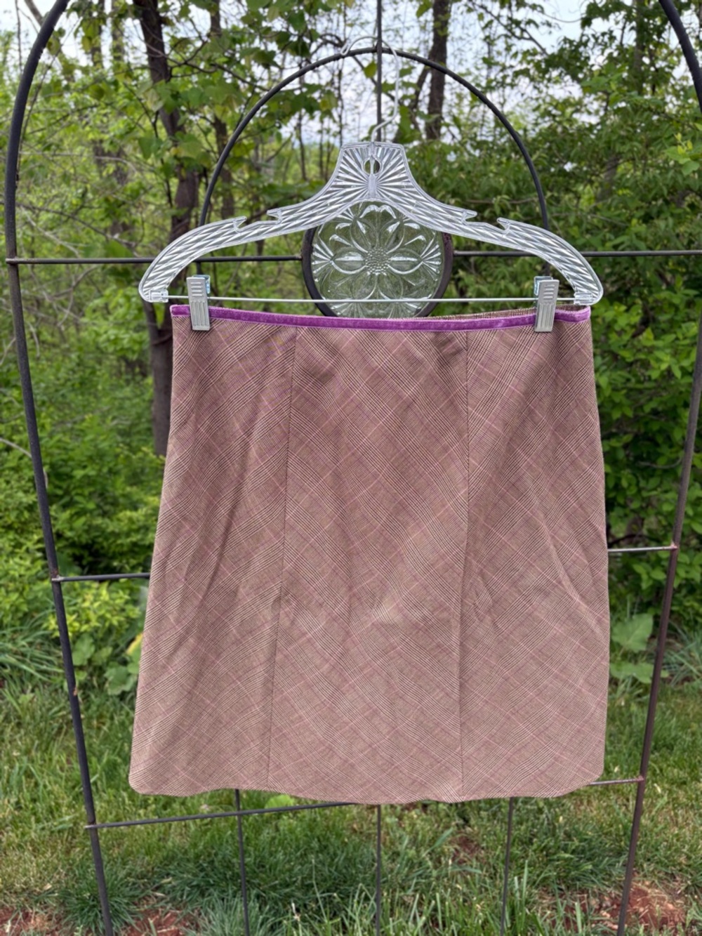 Fashion Bug Brown Plaid A-Line Mini Skirt Purple Trim Women's Size 8 Y2K 90s 00s